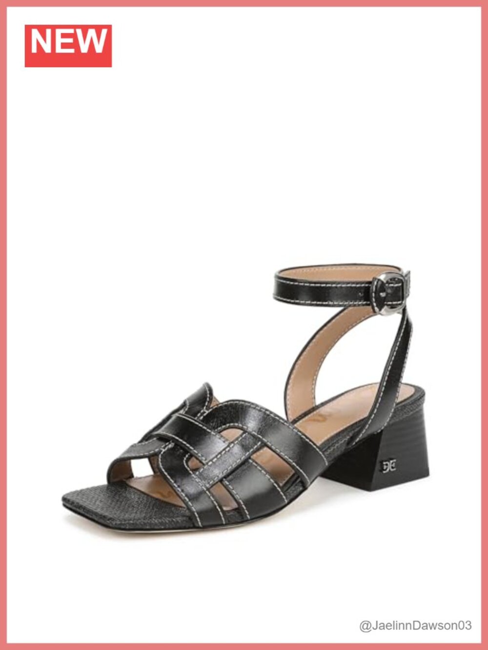 Woven Leather Block Heel Sandals Double-E Emblem Buckle Ankle Strap